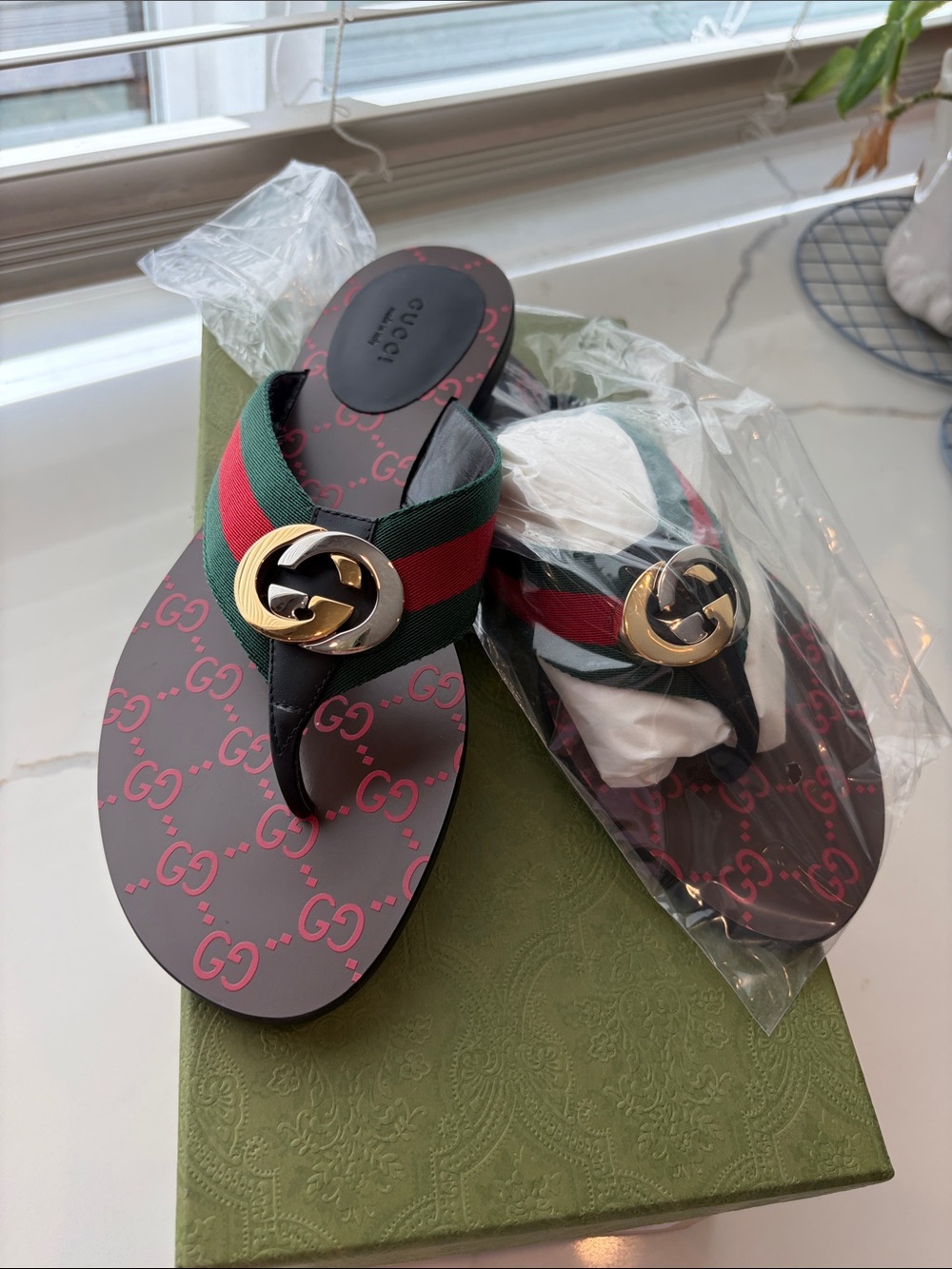 Gucci Black Sandals with Red & Green Web and Gold GG